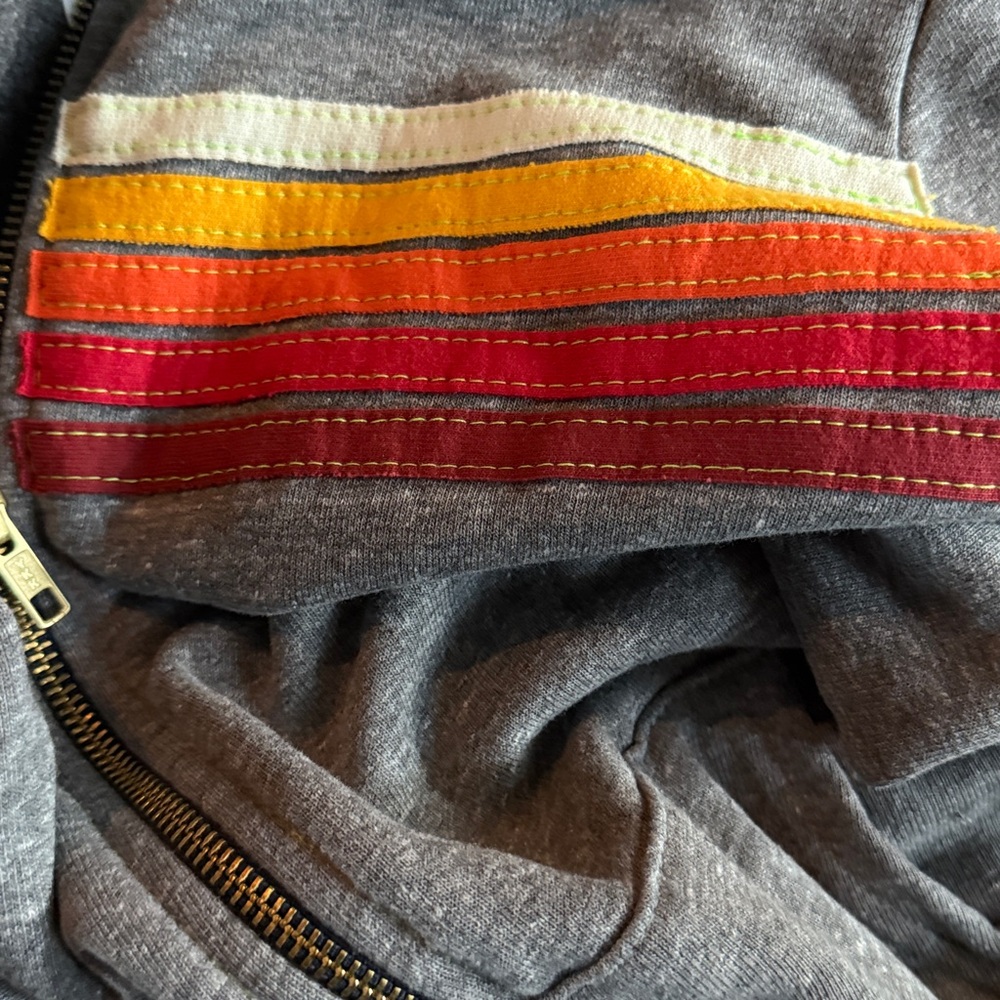 Aviator Nation Gray Zip Hoodie with Retro Yellow Orange red white stripes - Picture 7 of 14
